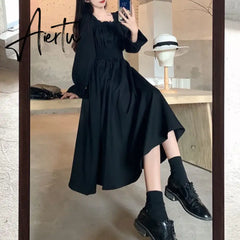 Aiertu Black Elegant Dress Women Vintage Long Sleeve Spring Autumn Dresses Square Collar Oversize Loose Casual Robe Streetwear Aiertu