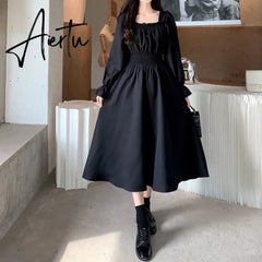 Aiertu Black Elegant Dress Women Vintage Long Sleeve Spring Autumn Dresses Square Collar Oversize Loose Casual Robe Streetwear Aiertu