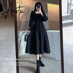 Aiertu Black Elegant Dress Women Vintage Long Sleeve Spring Autumn Dresses Square Collar Oversize Loose Casual Robe Streetwear Aiertu