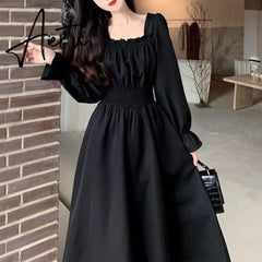 Aiertu Black Elegant Dress Women Vintage Long Sleeve Spring Autumn Dresses Square Collar Oversize Loose Casual Robe Streetwear Aiertu
