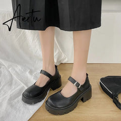 Aiertu Black Lolita Leather Shoes Autumn Buckle Strap British Retro Rubber Wedge Platform JK Uniform Mary Jane Round Toe Singles Aiertu