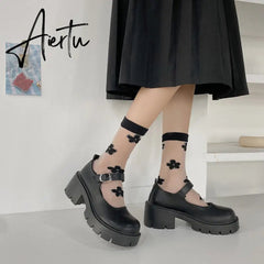 Aiertu Black Lolita Leather Shoes Autumn Buckle Strap British Retro Rubber Wedge Platform JK Uniform Mary Jane Round Toe Singles Aiertu