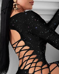 Aiertu Black Long Sleeve Sexy Lady Lace Up Bandage Bodycon Slim Hollow Out Dresses Glitter Sequins Party Night Club Summer Mini Dress Aiertu