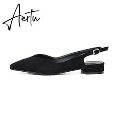 Aiertu Black Low Heels Women Pumps Buckle Flock Dress Casual Ladies Shoes Pointed Toe Slingbacks Spring Large 41 Court Shoes Aiertu