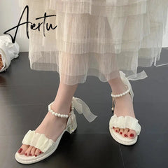 Aiertu Black Platform Sandals Female Shoe Summer Lace Denim Women's High Heels Med Espadrilles Girls Laces Fashion Gladiator Beige Aiertu