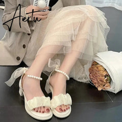 Aiertu Black Platform Sandals Female Shoe Summer Lace Denim Women's High Heels Med Espadrilles Girls Laces Fashion Gladiator Beige Aiertu