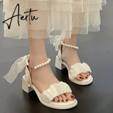 Aiertu Black Platform Sandals Female Shoe Summer Lace Denim Women's High Heels Med Espadrilles Girls Laces Fashion Gladiator Beige Aiertu