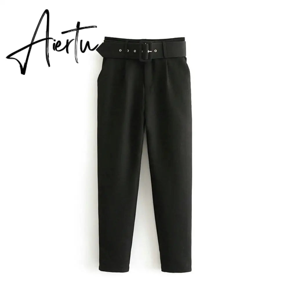 Aiertu black suit pants woman high waist pants sashes pockets office ladies pants fashion middle aged pink yellow pants Aiertu