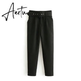 Aiertu black suit pants woman high waist pants sashes pockets office ladies pants fashion middle aged pink yellow pants Aiertu