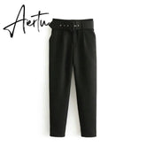 Aiertu black suit pants woman high waist pants sashes pockets office ladies pants fashion middle aged pink yellow pants Aiertu