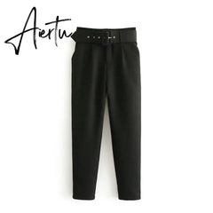 Aiertu black suit pants woman high waist pants sashes pockets office ladies pants fashion middle aged pink yellow pants Aiertu