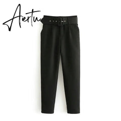 Aiertu black suit pants woman high waist pants sashes pockets office ladies pants fashion middle aged pink yellow pants Aiertu
