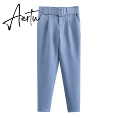 Aiertu black suit pants woman high waist pants sashes pockets office ladies pants fashion middle aged pink yellow pants Aiertu