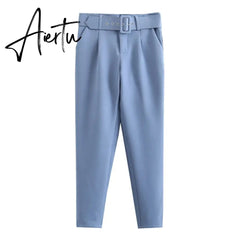 Aiertu black suit pants woman high waist pants sashes pockets office ladies pants fashion middle aged pink yellow pants Aiertu