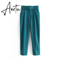 Aiertu black suit pants woman high waist pants sashes pockets office ladies pants fashion middle aged pink yellow pants Aiertu