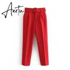 Aiertu black suit pants woman high waist pants sashes pockets office ladies pants fashion middle aged pink yellow pants Aiertu