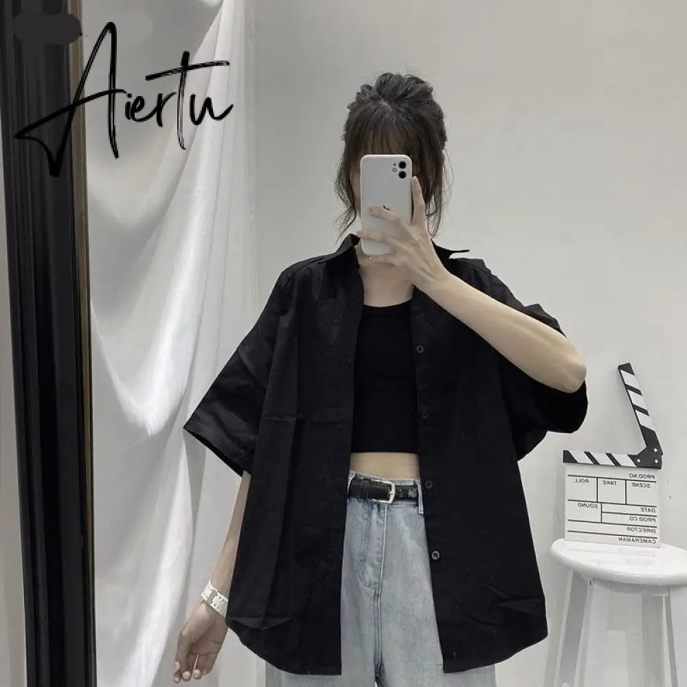 Aiertu Blouses Shirts Three Quarter Sleeve Women Summer Solid Ulzzang Black Outwear Tops All-match Ins Retro Womens Fashion Students Aiertu