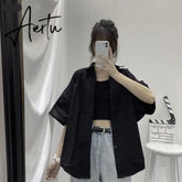 Aiertu Blouses Shirts Three Quarter Sleeve Women Summer Solid Ulzzang Black Outwear Tops All-match Ins Retro Womens Fashion Students Aiertu