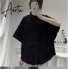 Aiertu Blouses Shirts Three Quarter Sleeve Women Summer Solid Ulzzang Black Outwear Tops All-match Ins Retro Womens Fashion Students Aiertu