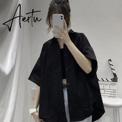 Aiertu Blouses Shirts Three Quarter Sleeve Women Summer Solid Ulzzang Black Outwear Tops All-match Ins Retro Womens Fashion Students Aiertu