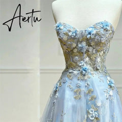 Aiertu Blue Elegant Sexy Wedding Party Dress A-Line Strapless Celebrity Dress Appliques Lace Special Occasion Dress robes Aiertu