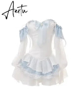 Aiertu Blue Japanese Kawaii Two Piece Set Women Sweet Party Bow Cute Mini Dress Suit Female Korean Style Off Shoulder Elegant Sets Aiertu