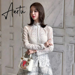 Aiertu Blusas Mujer De Moda Slim Women Shirt Elegant Pearl Blouse Lady Long Sleeve Turtleneck Lace Shirts Autumn Korean Sexy Hollow Top Aiertu