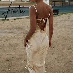 Aiertu Boho gold satin midi dress blue white long party dress elegant summer dress spaghetti strap casual vintage vestidos Aiertu