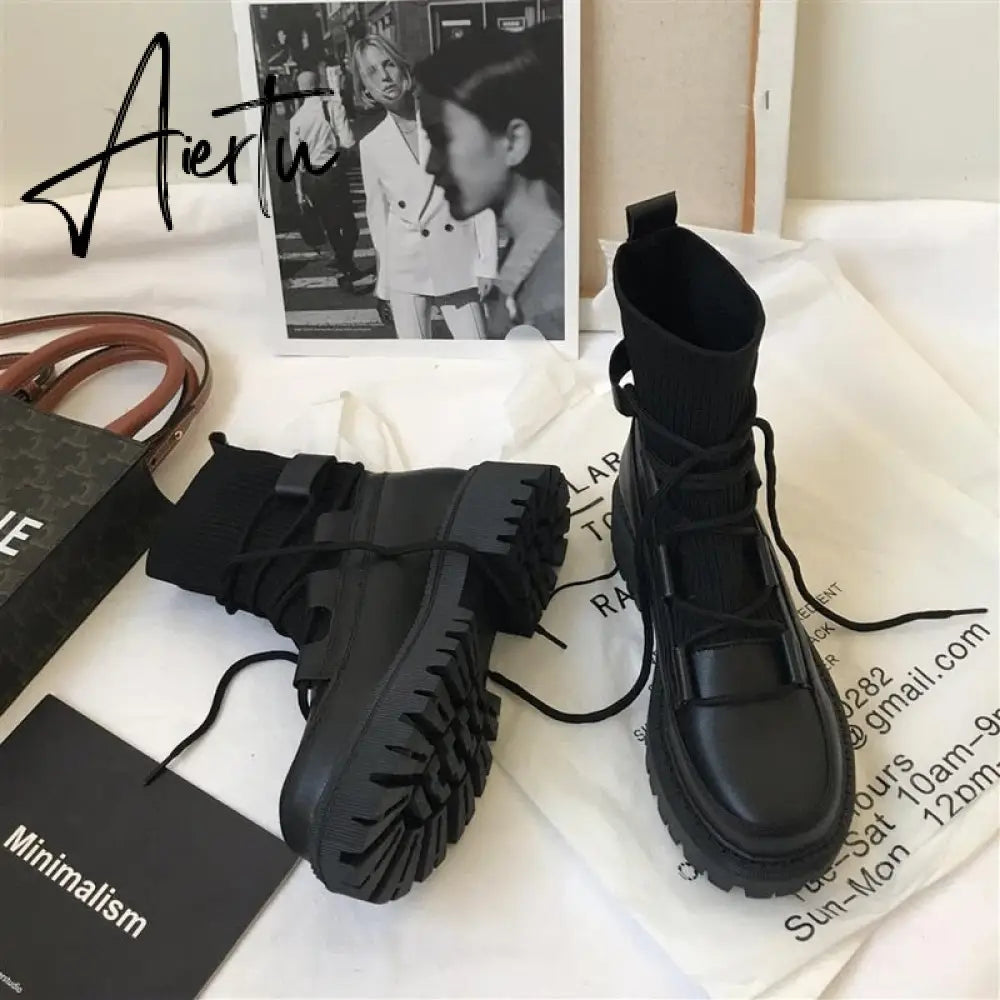 Aiertu boots woman new ladies casual stretch fabric socks boots fashion Cross-tied women shoes platform boots gothic women Aiertu