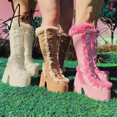 Aiertu Brand Designer Fur Gothic Chunky Block Heel Women Boots High Heel Platform Cosplay Casaul Party Warm Boots Shoes Women Aiertu