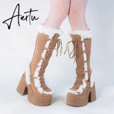 Aiertu Brand Designer Fur Gothic Chunky Block Heel Women Boots High Heel Platform Cosplay Casaul Party Warm Boots Shoes Women Aiertu