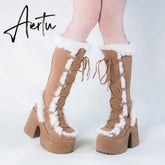 Aiertu Brand Designer Fur Gothic Chunky Block Heel Women Boots High Heel Platform Cosplay Casaul Party Warm Boots Shoes Women Aiertu
