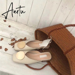 Aiertu Brand Designer Women Slippers Slip On Mules Flat Heel Casual Shoes British Buckle Slides Wooden Block Heels Summer Footwear Aiertu