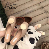 Aiertu Brand Designer Women Slippers Slip On Mules Flat Heel Casual Shoes British Buckle Slides Wooden Block Heels Summer Footwear Aiertu