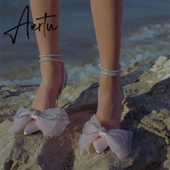 Aiertu Brand Fashion Big Bowknot Women Pumps Luxury Crystal Satin High heels Party Prom Shoes Ankle Strap Summer Wedding Bridal Shoes Aiertu