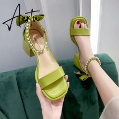 Aiertu Brand Ladies Sandal Spring New Fairy Pearl Sandals Sweet Square Heel with Mesh Crystal Temperament High Heels Tenis Masculino Aiertu