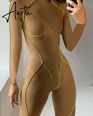 Aiertu Bright Line Decoration O Neck Backless Hollow Out Skinny Jumpsuit Fall Bodycon Skinny Fashion Y2K Overalls Outfits Aiertu