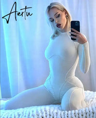 Aiertu Bright Line Decoration O Neck Backless Hollow Out Skinny Jumpsuit Fall Bodycon Skinny Fashion Y2K Overalls Outfits Aiertu