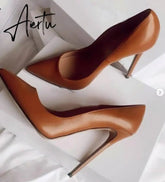 Aiertu Brown Matte Leather High Heel Shoes Sexy Pointed Toe Women Pumps Super High 12/10cm Stiletto Heels Office Lady Shoes Aiertu