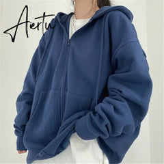 Aiertu Brown Zip Up Hooded Sweatshirts Women Vintage Pockets Oversized Jacket Coat Autumn Female Y2K Aesthetic Long Sleeve Hoodie Aiertu