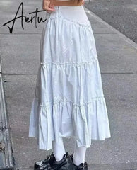 Aiertu Casual Basic Solid A-Line Skirt Holiday Fashion Mid-Waisted Pleated Maxi Skirts Women Autumn Winter Streetwear Aiertu