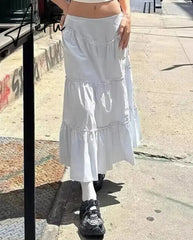 Aiertu Casual Basic Solid A-Line Skirt Holiday Fashion Mid-Waisted Pleated Maxi Skirts Women Autumn Winter Streetwear Aiertu
