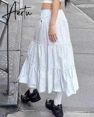 Aiertu Casual Basic Solid A-Line Skirt Holiday Fashion Mid-Waisted Pleated Maxi Skirts Women Autumn Winter Streetwear Aiertu