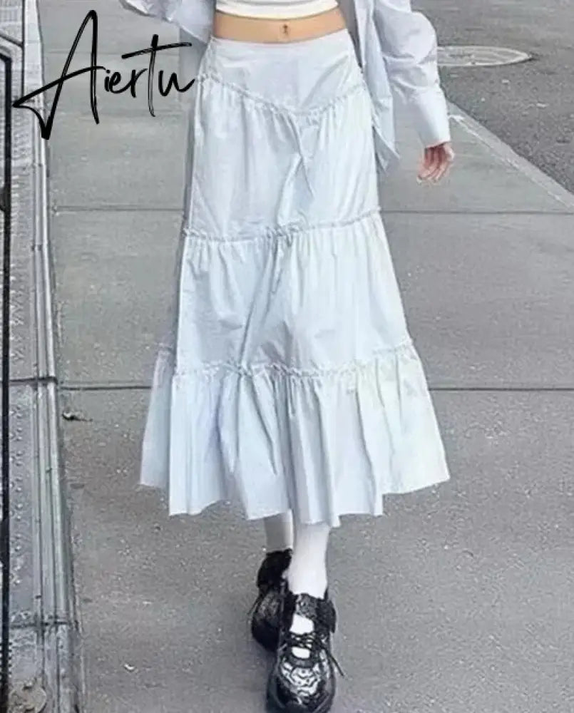 Aiertu Casual Basic Solid A-Line Skirt Holiday Fashion Mid-Waisted Pleated Maxi Skirts Women Autumn Winter Streetwear Aiertu