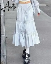 Aiertu Casual Basic Solid A-Line Skirt Holiday Fashion Mid-Waisted Pleated Maxi Skirts Women Autumn Winter Streetwear Aiertu