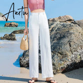 Aiertu Casual Cotton Linen wide leg Beach pants bohemian loose pants female vintage high waist Solid color straight trousers women Aiertu