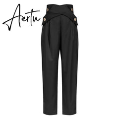 Aiertu Casual Irregular Trousers For Women High Waist Lace Up Button Straight Slim Pants Female Autumn Fashion New Aiertu