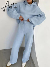 Aiertu Casual Knit Hoodied With Pocket Two Piece Sets Women Solid Long Sleeve Top Wide Leg Pant Outfit Streetwear Tracksuit New Aiertu