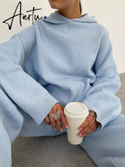 Aiertu Casual Knit Hoodied With Pocket Two Piece Sets Women Solid Long Sleeve Top Wide Leg Pant Outfit Streetwear Tracksuit New Aiertu