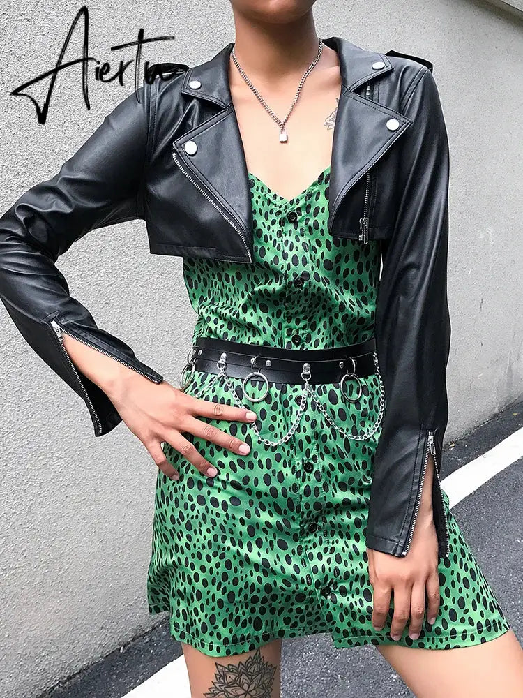 Aiertu Casual Leather Cropped Jacket Women Long Sleeve Short Coat Streetwear Black Basic Jacket Female Harajuku Autumn Aiertu